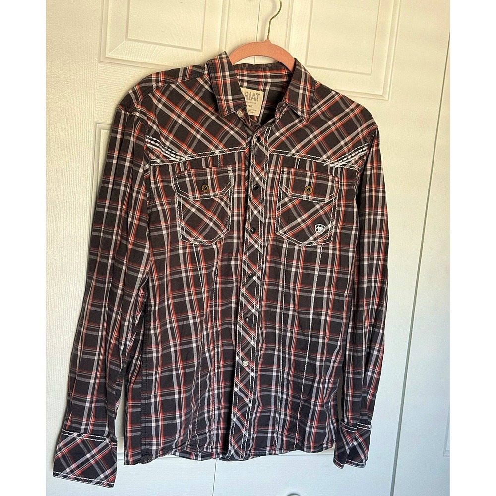 Ariat Men's Retro Fit Plaid Pearl Snap Button Down Long Sleeve Shirt. Size M